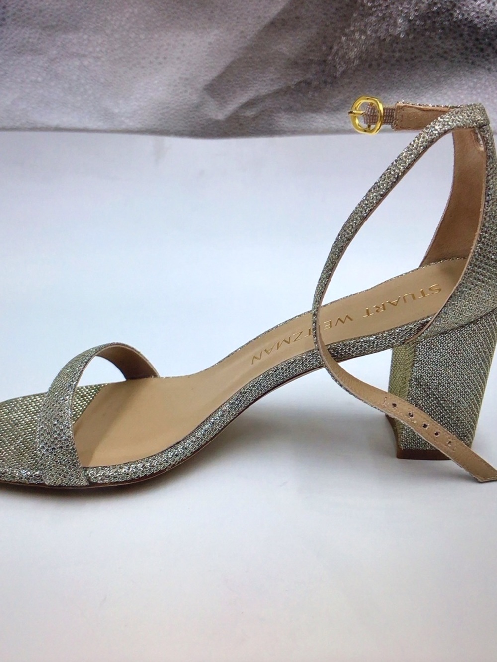Stuart Weitzman Glittery Silver Open-Toe Ankle-Strap Heels - Picture 3 of 9